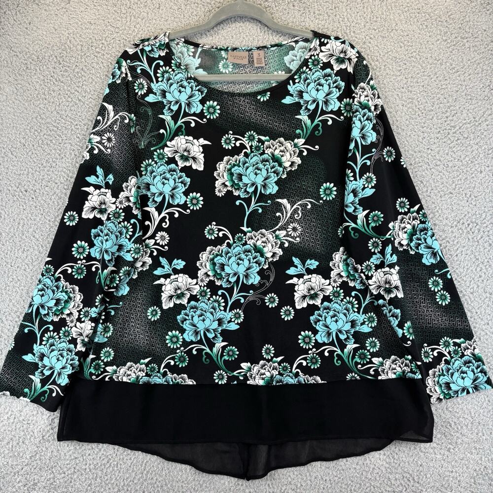 Chicos Easywear Tunic XL Asian Floral Feminine Stretch Sheer Hem Lightweight